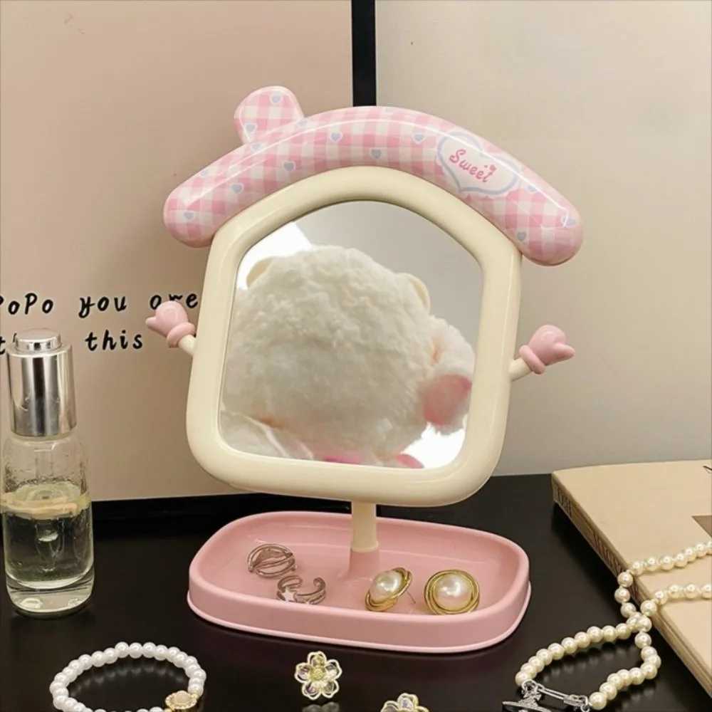 Portable Cute Makeup Mirror High-definition Storage Desktop Decorative Mirrors Creative Adjustable Angle Cartoon House Mirror H260324