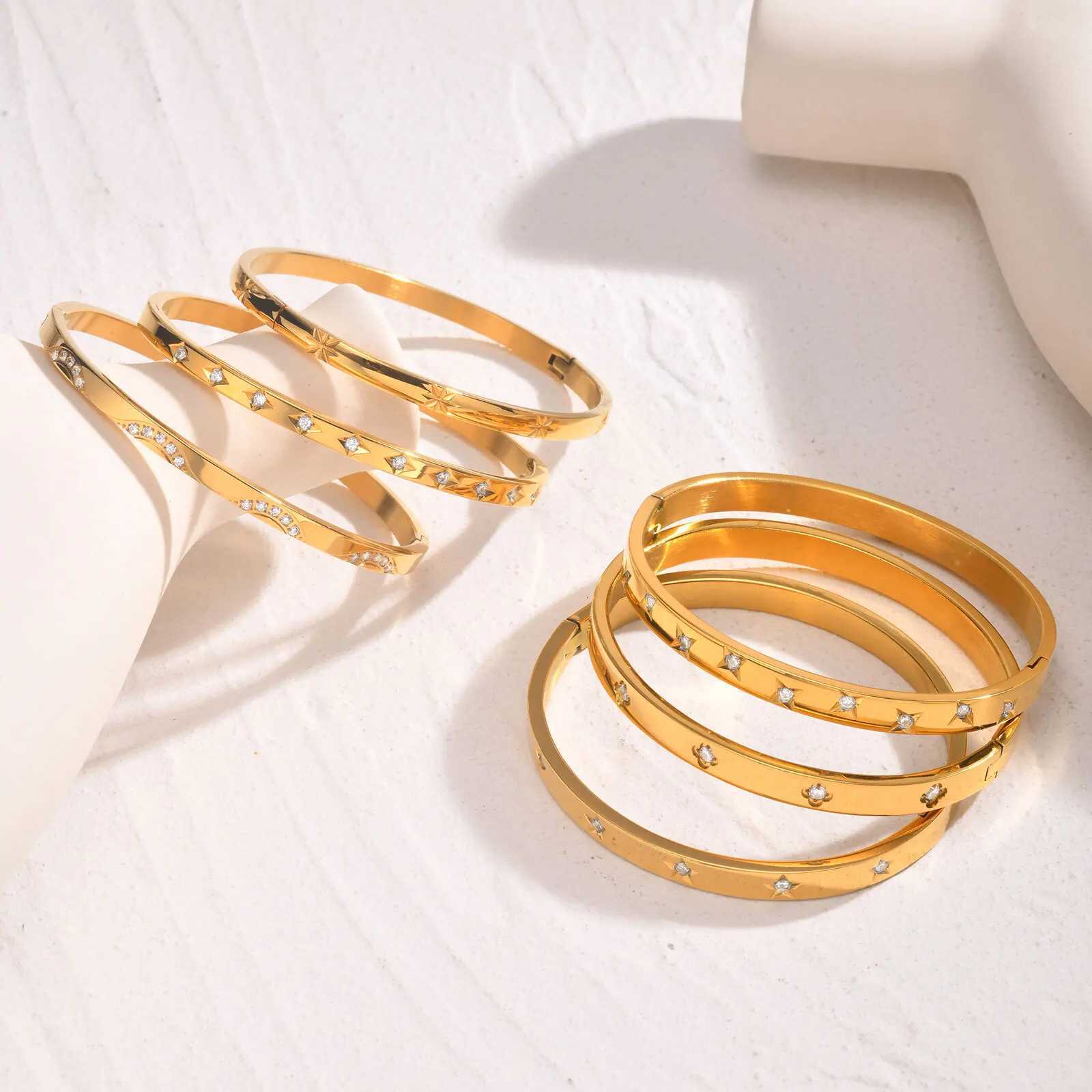 Stainless Steel Bangle 18K Gold Plated Friendship Cubic Zirconia Inlay Layered Jewelry H260323 - view 3