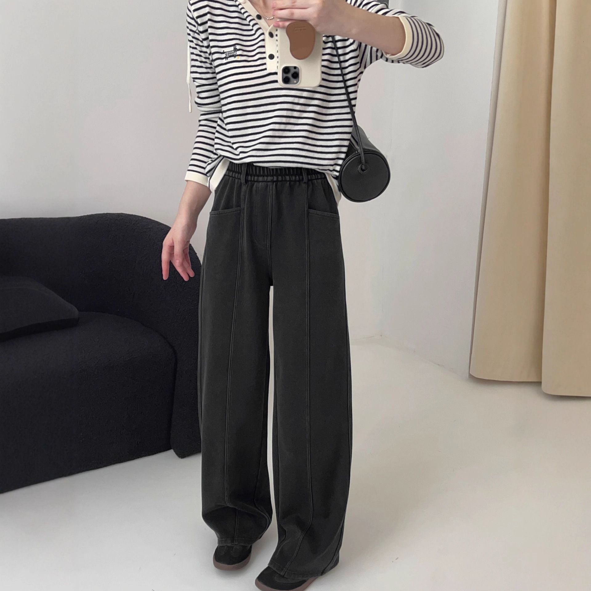 2026 Spring And Autumn New Vintage Twill Cotton Denim Designer Pants Straight-leg Casual Pants For Women Lazy Style Cigarette Pants Fashionable Elastic Waist