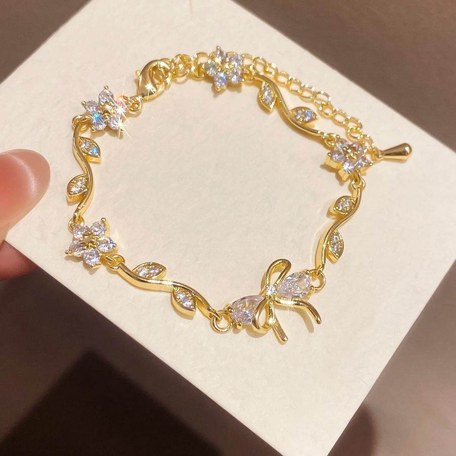 Elegant Light Luxury 18K Real Gold Plated Floral Bracelet with Sparkling Zircons for Women - view 6