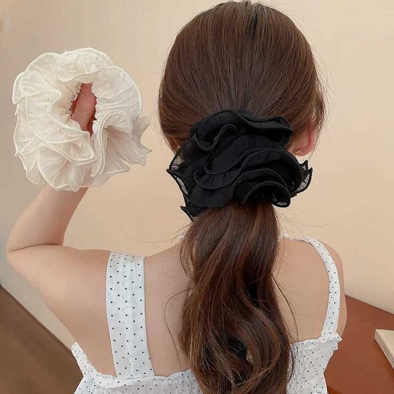Solid Color Mesh Pleated Double-layer Large Scrunchies for Women Korean Simple Hair Flower Low Ponytail Holders Head Accessories H260324