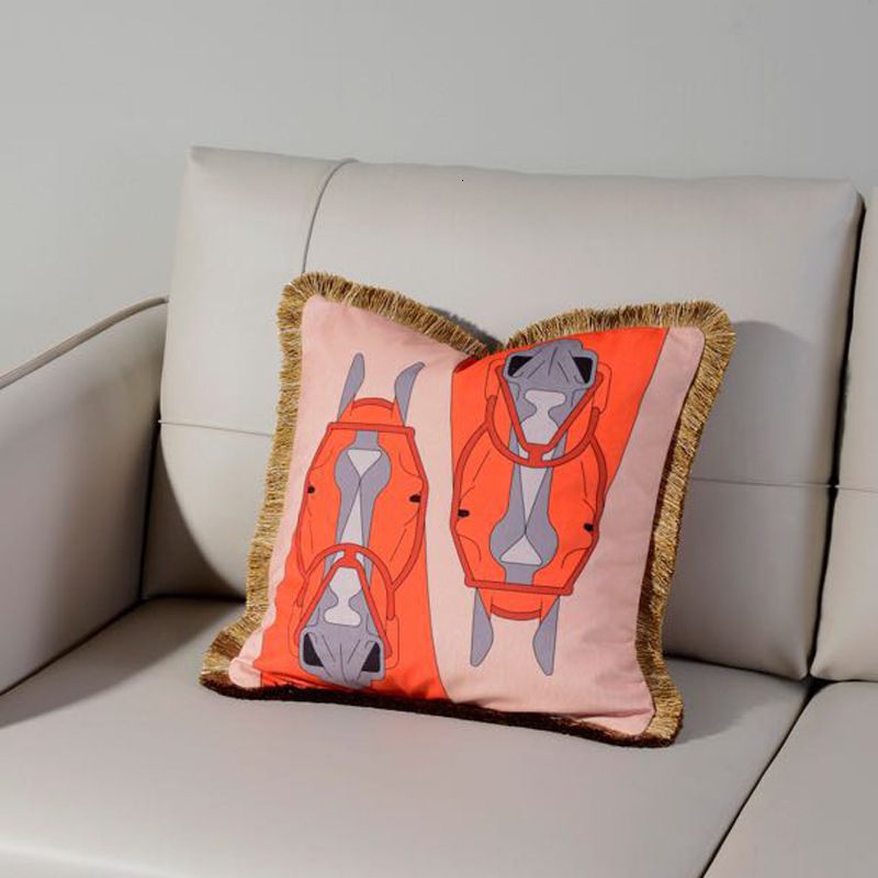 Pillow Case Fashionable Light Luxury Chenille Double Sided Printed Vintage Tassel H Orange Horse Decorative Cushion For Sofa Model Room