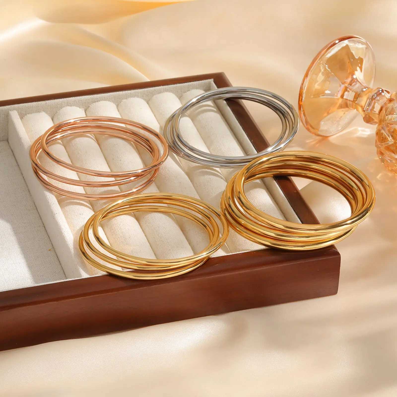 Women Gold Color Stainless Steel Cuff Chic Jewelry Wristband Plain Slip Bangle Stacking Gift to Young Girls H260323 - view 3