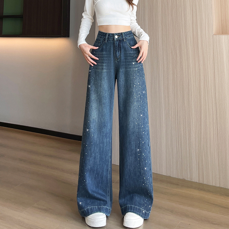 Sparkling Rhinestone Wide-leg Jeans For Designer Pants Women Spring/autumn 2026 New High-waisted Loose Fit Petite Floor-length Straight Pants