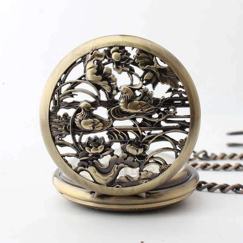 Orologio Da Tasca Meccanico Scheletrato Con Cover Vintage Con Flip, Orologio Da Tasca Meccanico Maschile E Femminile, Anatre Mandarine, Gioca Con Co-image