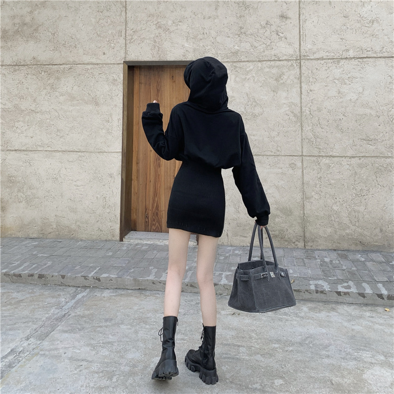 Black Designer Dress Hooded Sweatshirt Bodycon Mini Dress For Women Spring/autumn New Style Petite Waist-cinching Elegant Dress