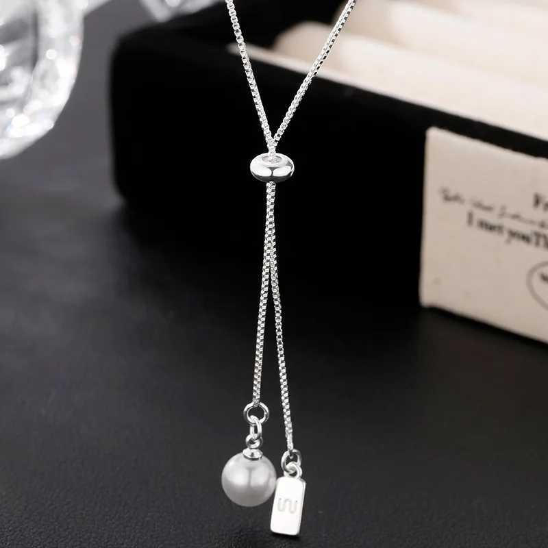 925 Sterling Silver Pearl Long Necklace Simple Charm Geometric Shape Pendant Choker Birthday Gift for Friends Exquisite Jewelry H260324 - view 4