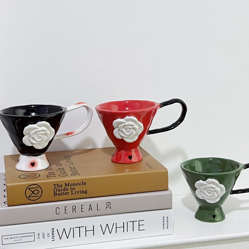 Mug Embossed Rose Creative Ceramic Niche Design Coffee Goblet For Couple Breakfast Drinking