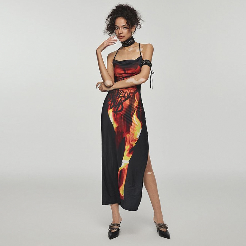 Best-selling Designer Dress Women's Clothing: Flame Print Sexy Slip Dress With Slit And Open Back European And American Style Sexy Dress