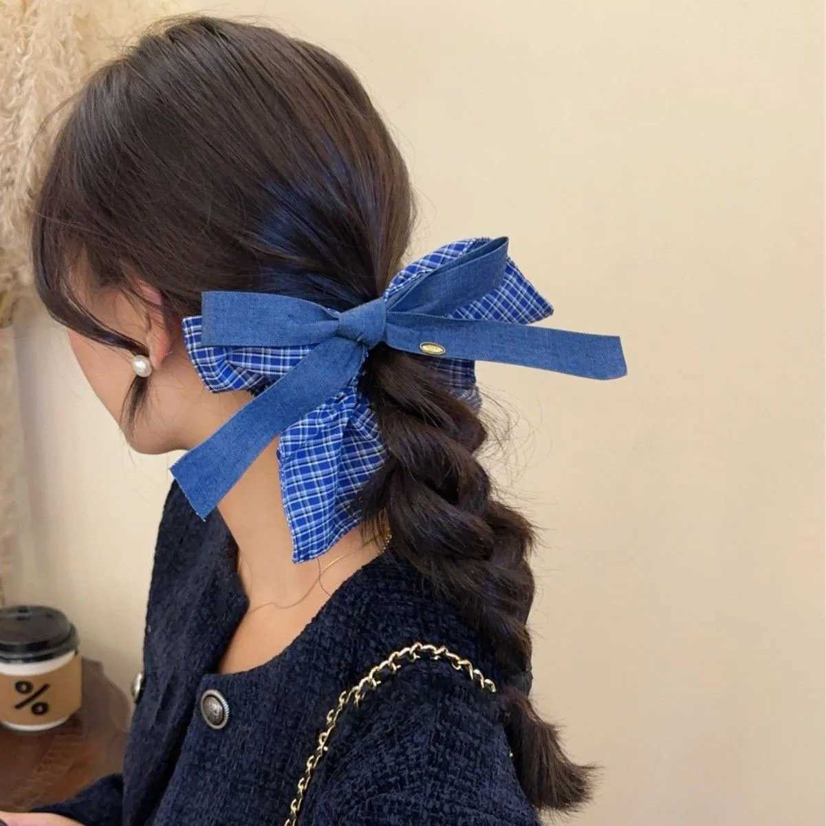 Korean Blue Denim Style Big Bowknot Scrunchies For Women Irregular Edge Ponytail Holder Hair Bands Y2K Girls Hair Accessories H260324