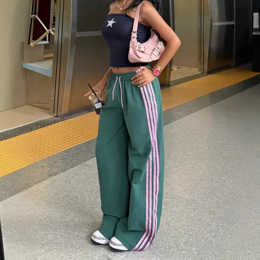 2025 American casual summer new vintage four-stripe sports with high waist and drawstring design, slimming wide-leg pants