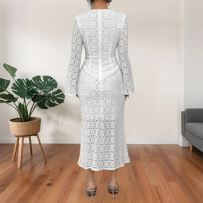 Hollow Out Fringe Beach Long Dresses Holiday Chic Floral Lace Long Sleeve Crew Neck Slim-Fit Crochet Summer Women Tassel Dress 250303