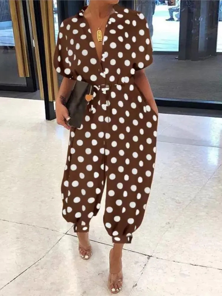 Summer Dot Leopard Print Jumpsuit Women Short Sleeve Leace-up Pocket Casual Jumpsuits Fashion Vintage Ladies Bodysuits 260321
