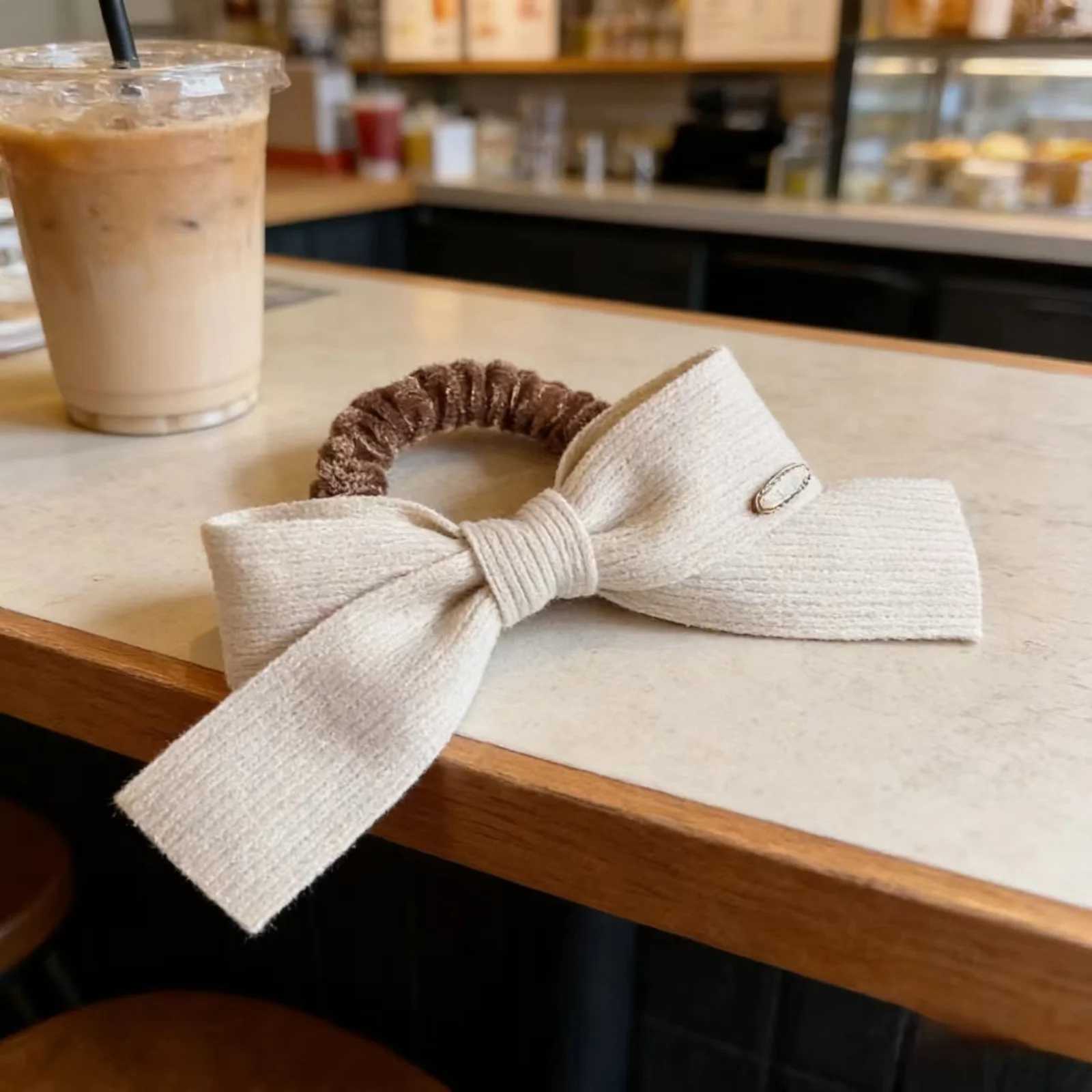 1PC Neutral Knit Bow Scrunchies BeigeBrown Gray Ribbed Hair Ties With Metal Label Minimalist Ins-Style Hair Accessories H260324