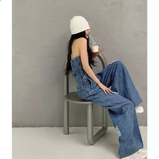 Summer Womens Denim Sleeveless Jumpsuit Decoration Stretch Slimming Waist Romper Streetwear Trendy Outfit 250523