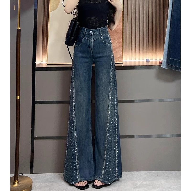 Designer Pants Women's Rhinestone Wide-leg Flared Jeans 2026 New Fashion High-waisted Loose Vintage Blue Straight Pants Trendy