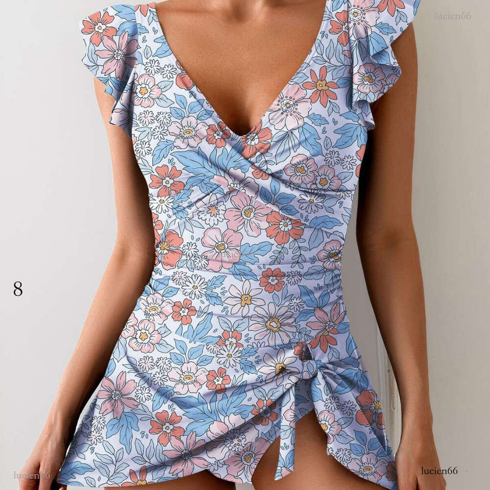 Amazon Cross-Border 2025 Fashion Skirted Swimsuit European and American Print New Sexy Lace Foreign Trade One-Piece Swimsuit