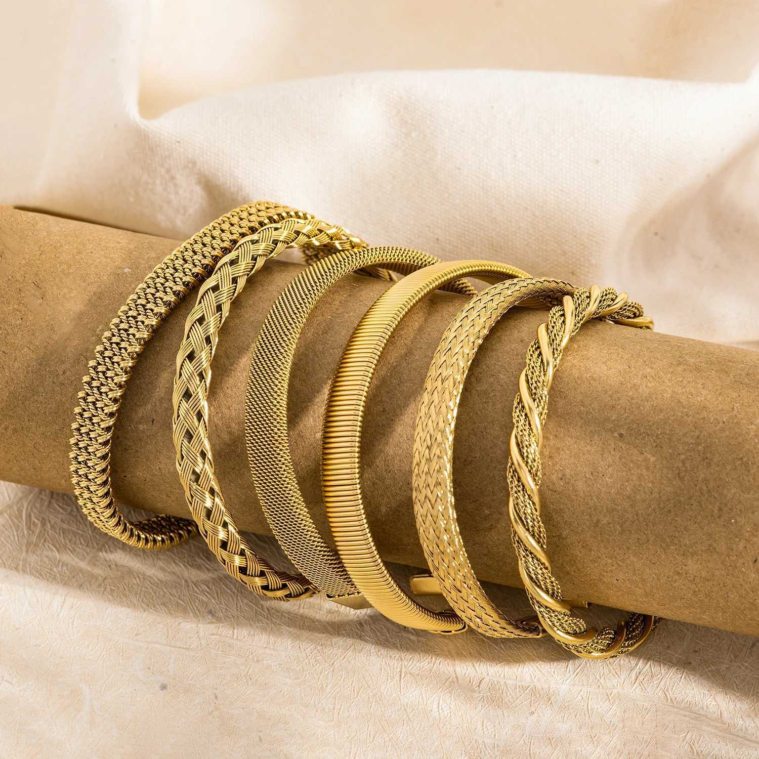 Woven for Women Adjustable Open-End Bangle 18K Gold Plated Stainless Steel Delicate Hypoallergenic Jewelry Gift Idea H260323 - view 6