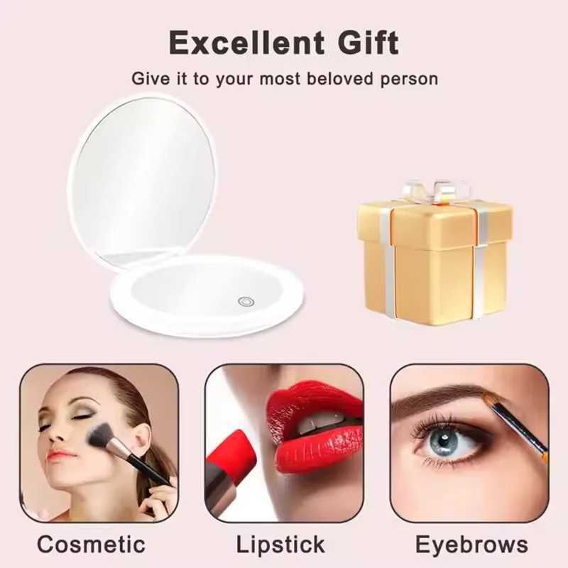 1X/10X Magnification LED Pocket Mirror Portable Handheld Rechargeable Compact Cosmetic Mirror with Light Travel Round Folding H260324