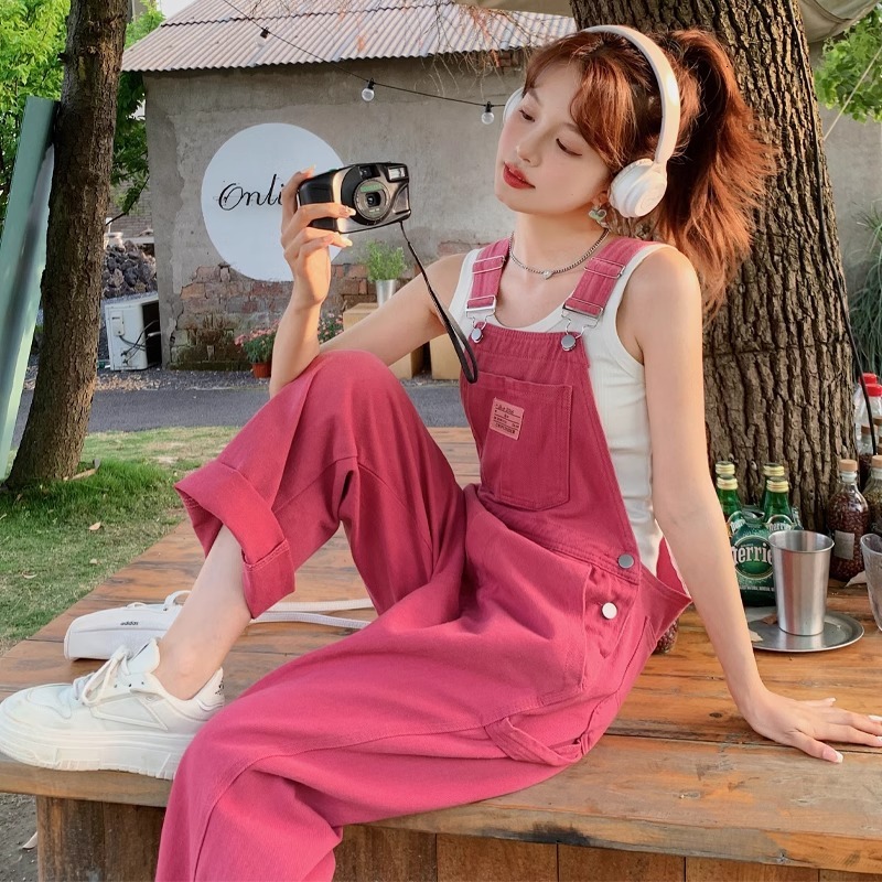 Designer Pants Rose Pink Denim Overalls For Women New Style Sweet And Salty Street Style Youthful Casual Jumpsuit Loose Straight Long Pants