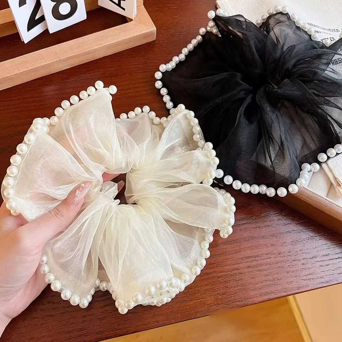 Elegant High-End Pearl Mesh Hair Ring Headband for Women Versatile Large Intestine Rubber Band Hair Accessory H260324