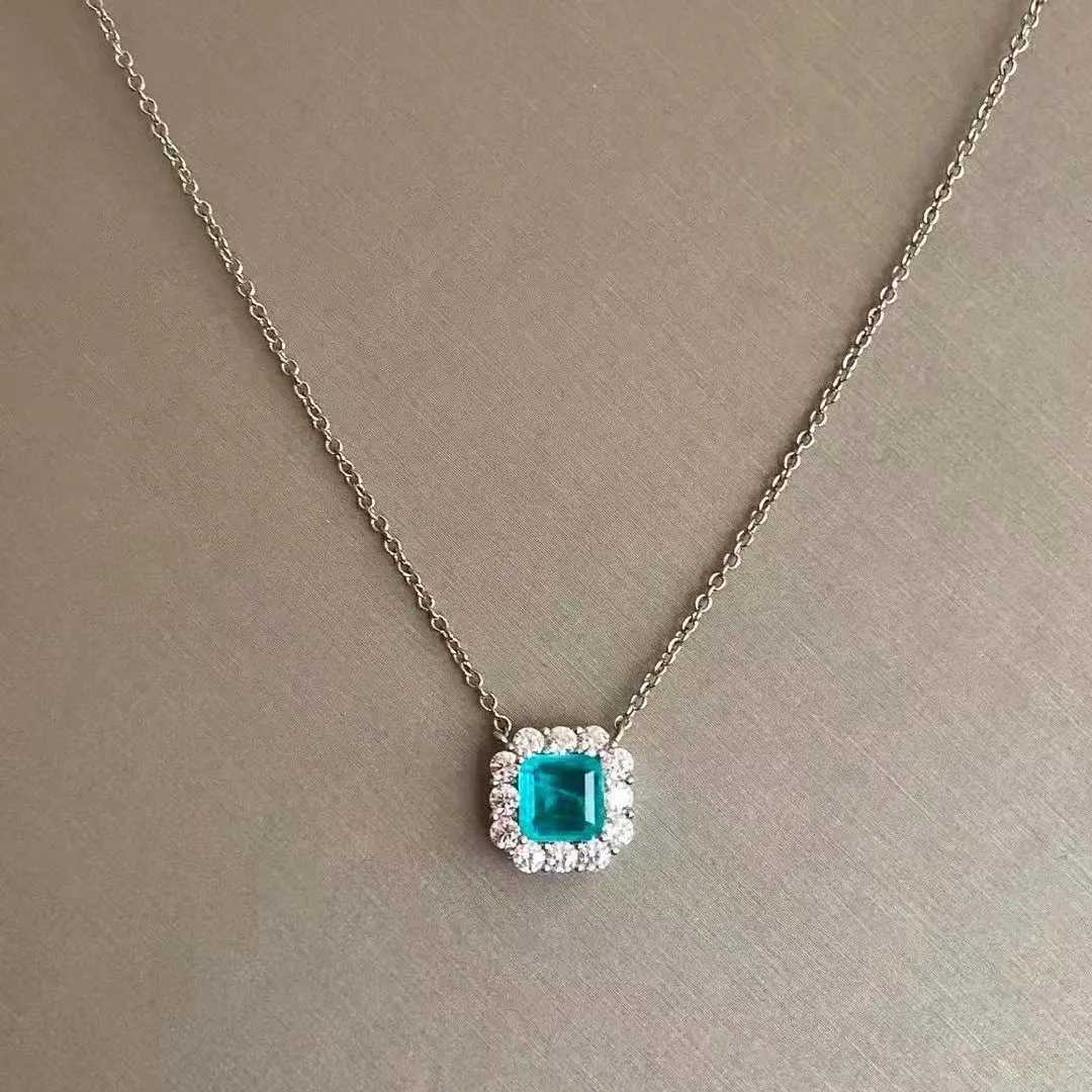 FFGems Brazilian Paraiba Emerald Tourmaline Necklace Created Gemstone Square for Women Fine Jewelry Pendant Party Wedding Gift H260324 - view 3