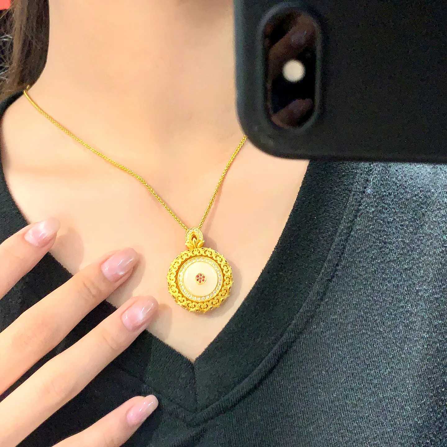 Gold store 9999 24K real gold inlaid white jade disc pendant female palace style fashionable hollow rotatable necklace H260324