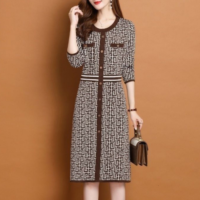 Luxury Brand Designer Clothes Dropshipping 2025 Spring New Fashion Long Sleeve Round Neck Knit Dress For Women, Elegant And Sophisticated Mid-Length D