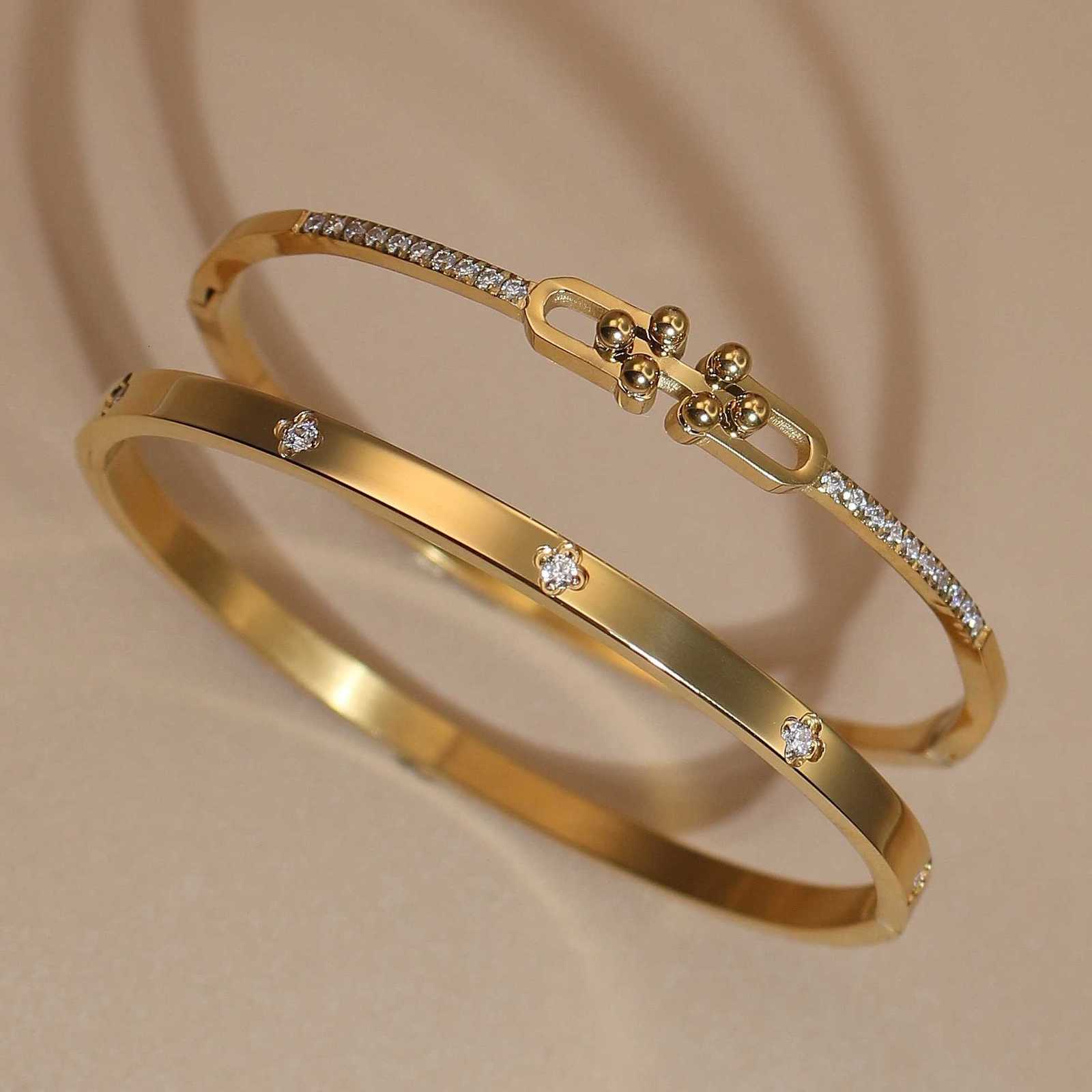 New Geometric Crystal Design 18 K Gold Plated Stainless Steel Womens Jewelry Bangle Party Gift H260323 - view 3
