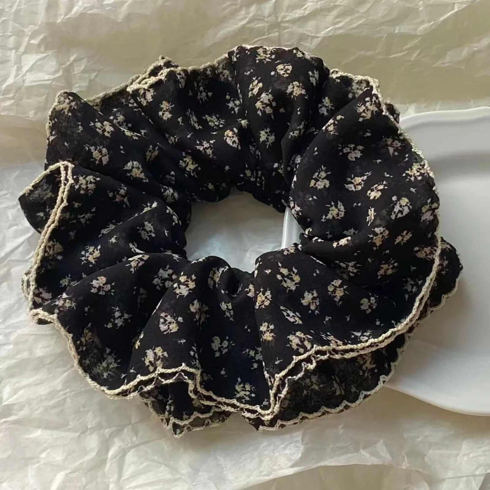 1PCVintage Floral Chiffon ScrunchieBlack Small Flower Pattern Hair TieLace Trim Elastic Hair Band For WomenElegant Hair Acces H260324