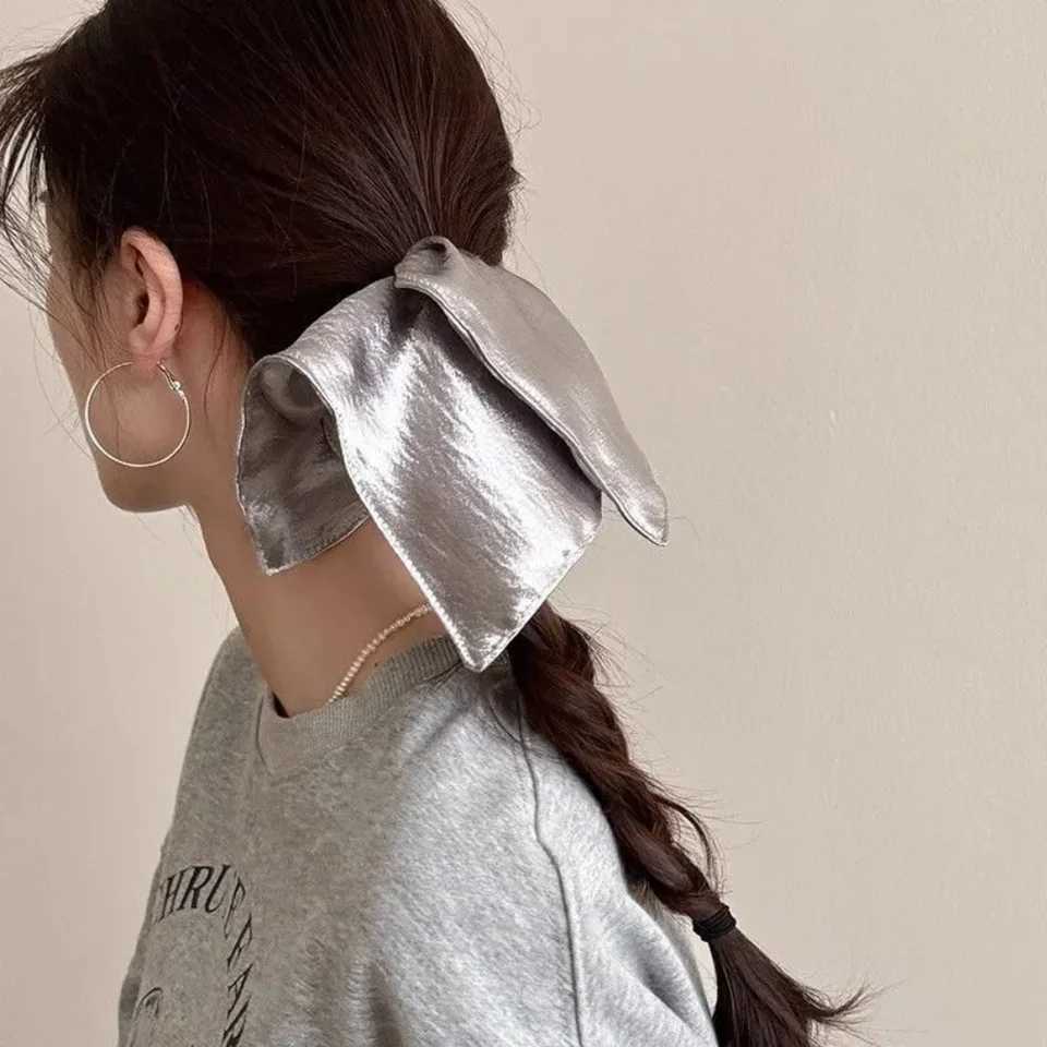 2025 Korean Style Silver Square Scrunchie Shiny Fabric Hair Tie Oversized Low Ponytail Holder Retro Hair Accessories for Women H260324
