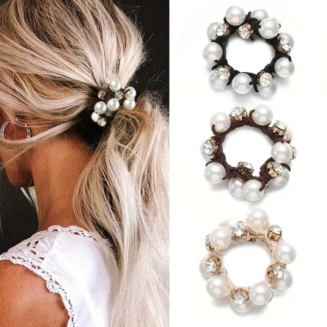 3Pcs Pearl Brimmed Hair Tie Glitter Rhinestone Decor Hair Rope Retro Style Scrunchies for Women H260324