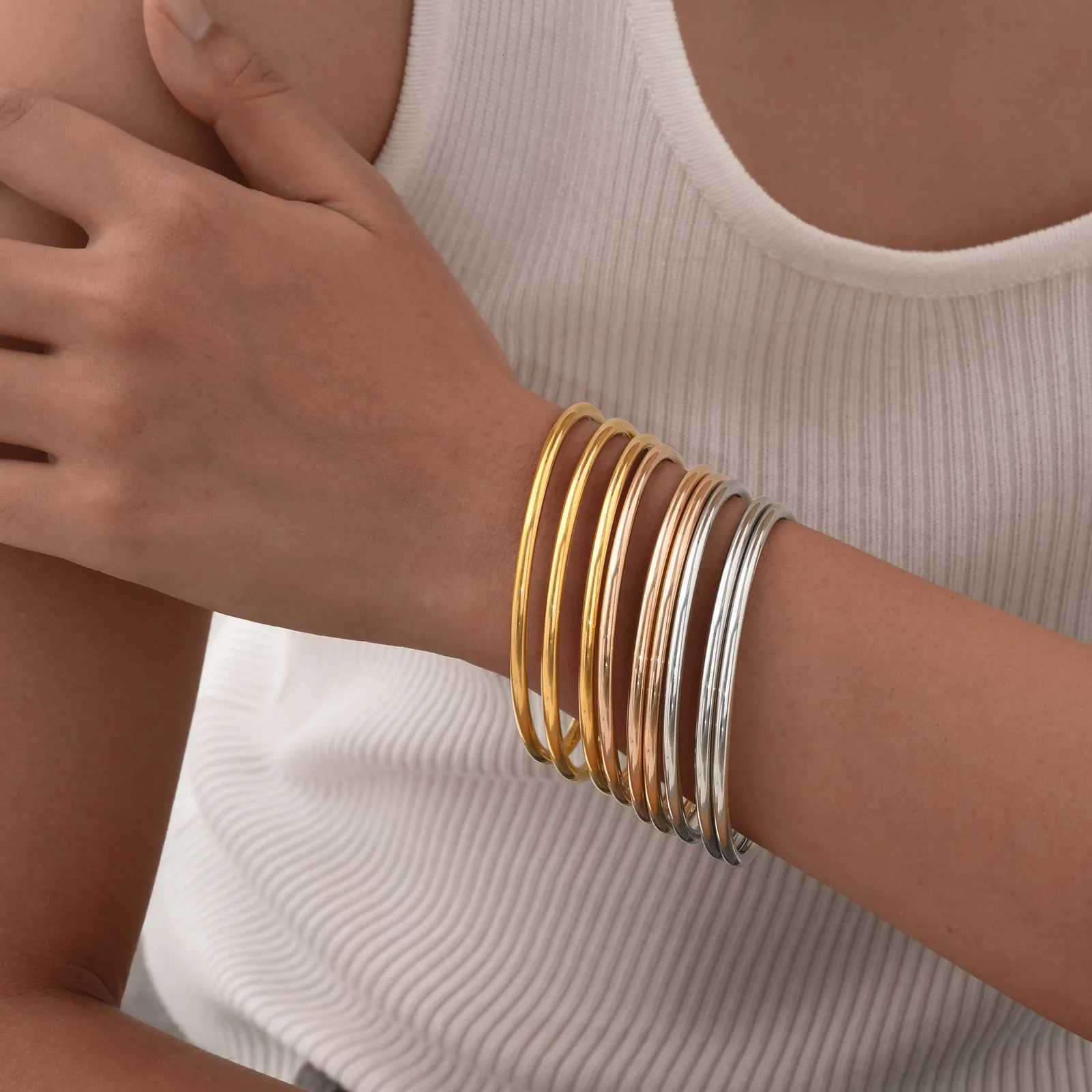 Women Gold Color Stainless Steel Cuff Chic Jewelry Wristband Plain Slip Bangle Stacking Gift to Young Girls H260323 - view 4