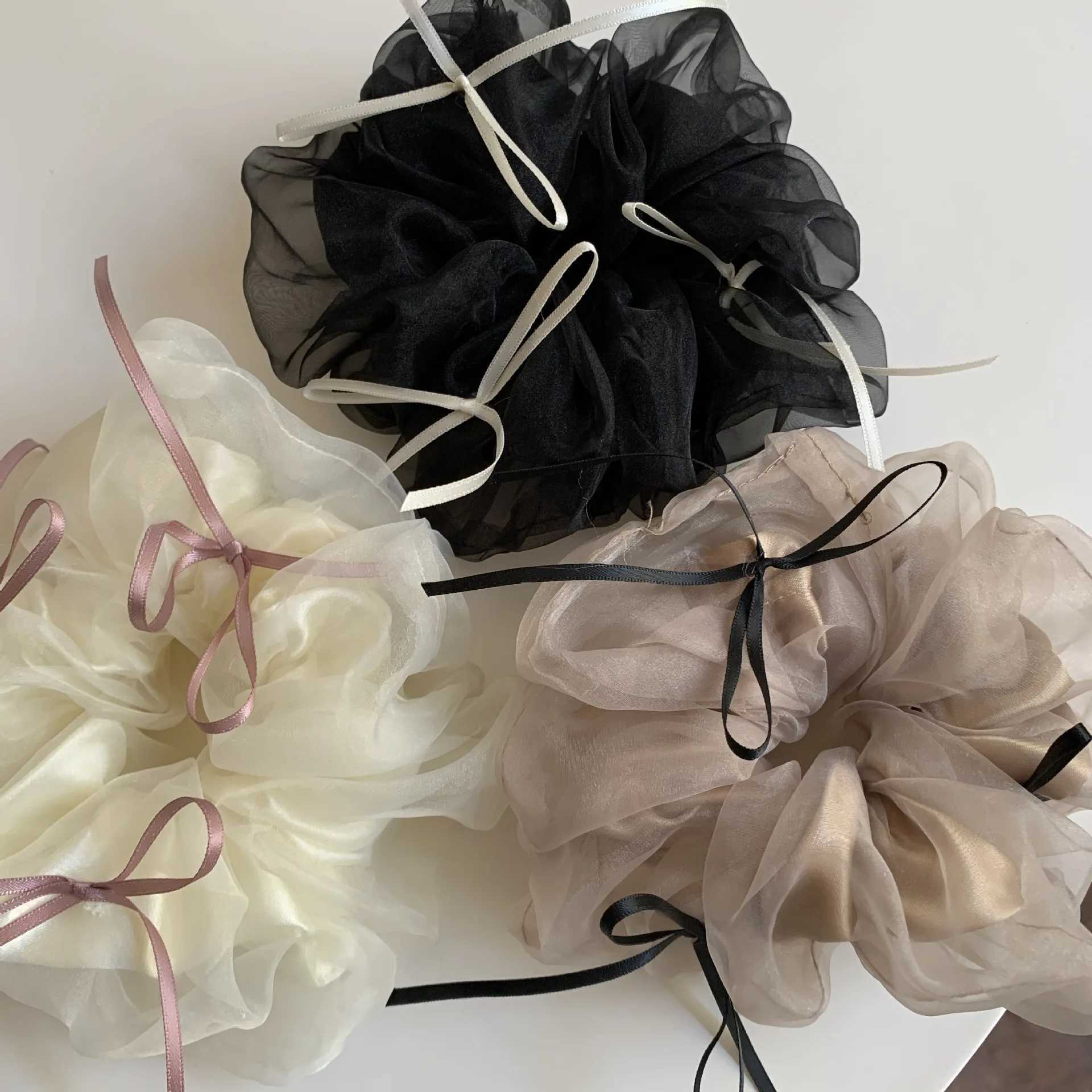 New Korean Simple Lace Mesh Hair Band Sweet Bow Ribbon Rubber Band Cute Ballet Wind Headband Hair Accessories for Women Girls H260324