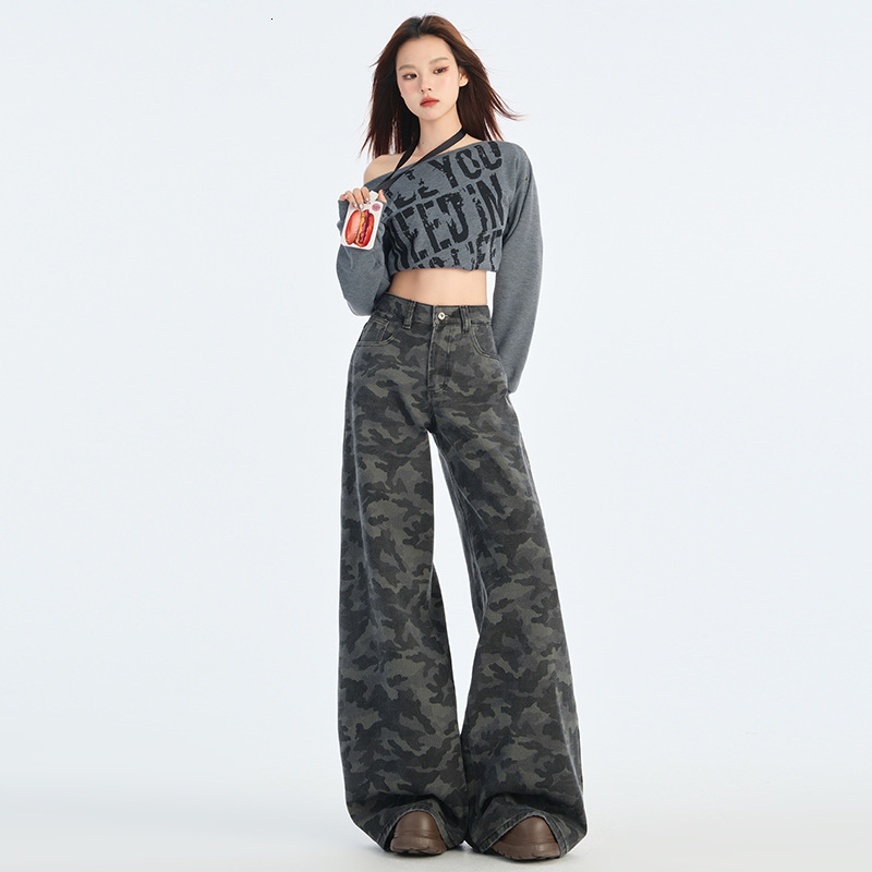 Designer Pants American-style Gray Workwear Wide-leg Camouflage Jeans For Women 2026 Spring New High-waisted Loose Slimming Straight Pants