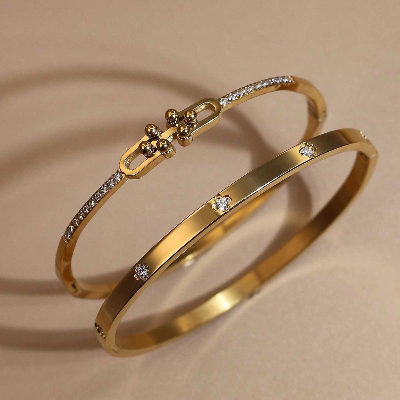 New Geometric Crystal Design 18 K Gold Plated Stainless Steel Womens Jewelry Bangle Party Gift H260323 - view 4