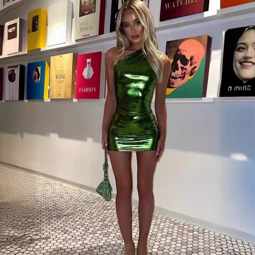 Fashionable Asymmetrical One-shoulder PU Designer Dress Bodycon Sexy Nightclub Style Dress European And American New Product