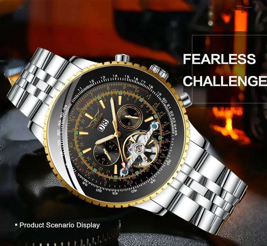 Jaragar Silver Stainless Steel Tourbillion Design Calendar Display Mens Watches Top Brand Luxury Automatic Mechanical Wristwatch