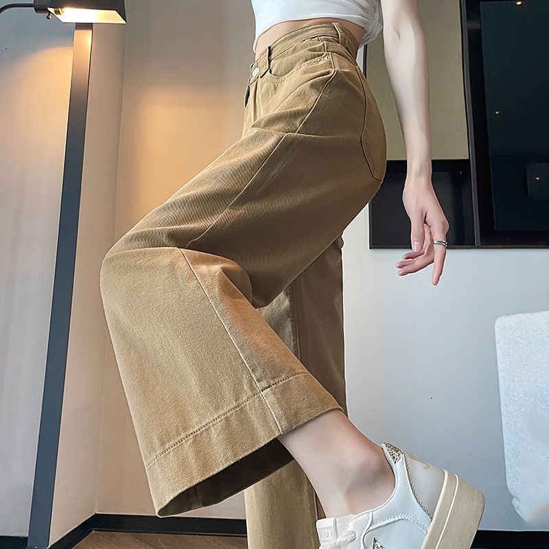Khaki Designer Pants Cropped Wide-leg Jeans For Women 2026 New Spring And Autumn Style High-waisted Slim Straight Pants For Petite Figures