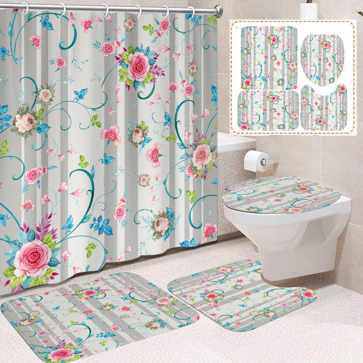 YL-38384 Floral Shower Curtain and Mat Set (4 Pieces) - Bathroom Dry and Wet Separation, Toilet Isolation Curtain, Modern Minimalist Style