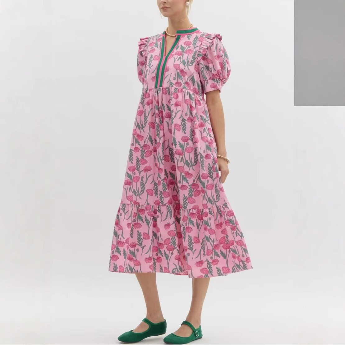 Designer Dress European And American Summer New Rose Print Dress High-waisted Puff Short-sleeved Mid-length Style