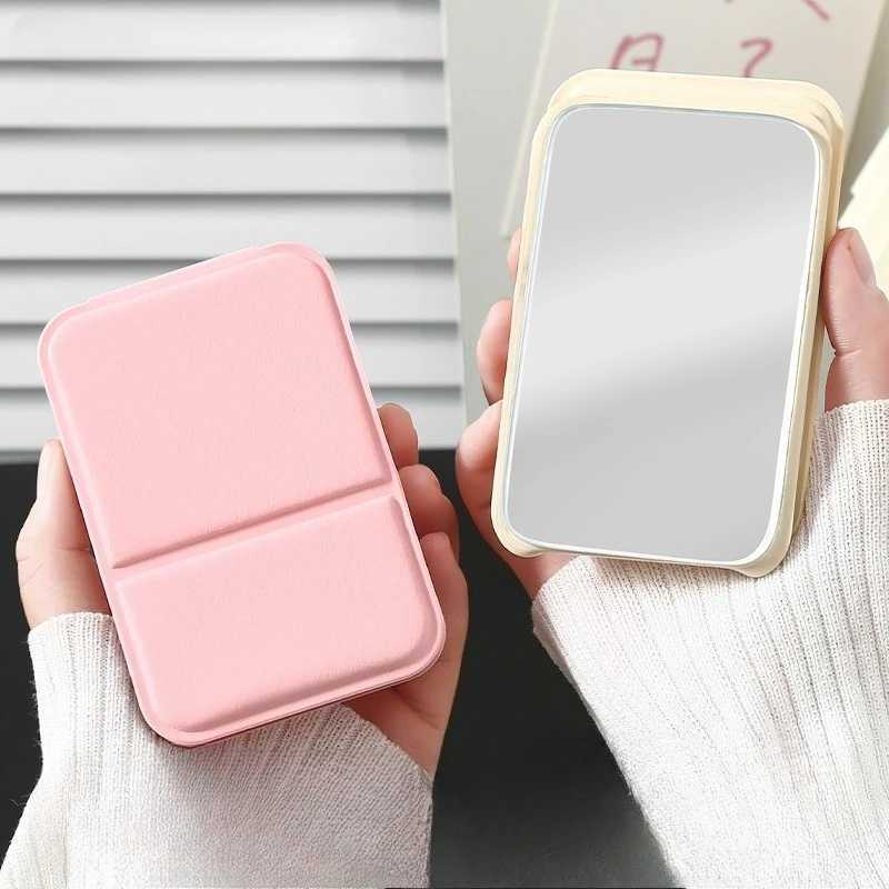Mini Desktop Makeup Mirror Solid Color PU Leather Portable Handheld Makeup Mirrors Foldable Student Compact Cute Pocket Mirror H260324