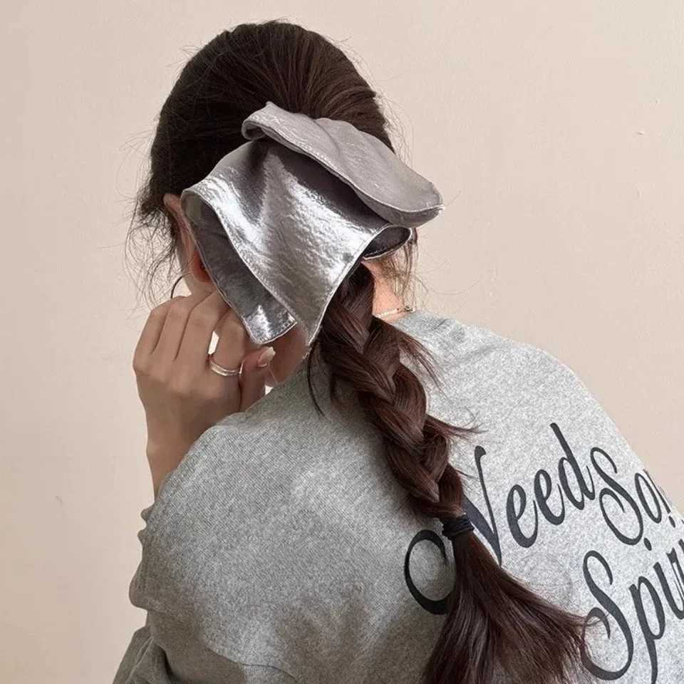 2025 Korean Style Silver Square Scrunchie Shiny Fabric Hair Tie Oversized Low Ponytail Holder Retro Hair Accessories for Women H260324