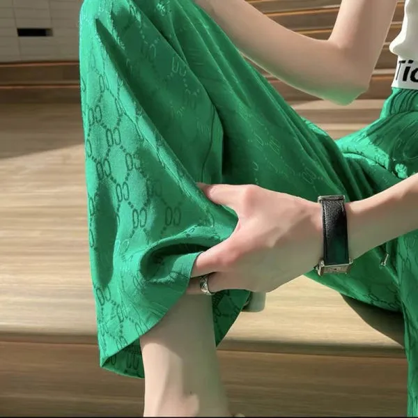 High end printed ice silk wide leg pants for women New summer thin high waist floor mopping straight leg pants