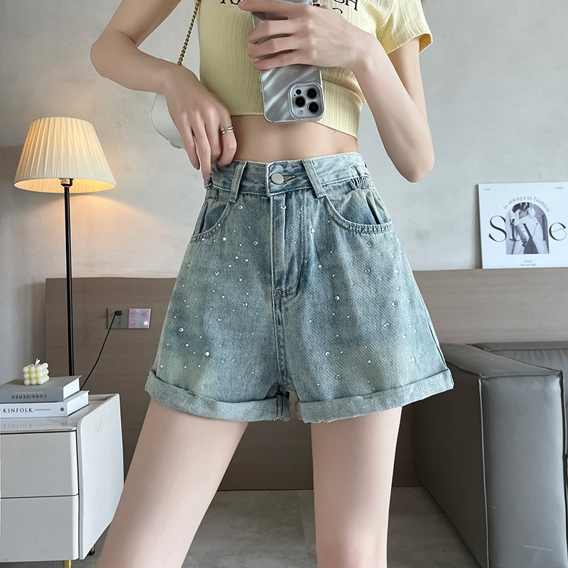 Rhinestone High-waisted Denim Shorts For Women With Pear-shaped Body Designer Pants Summer Loose A-line Rolled Hem Wide-leg Pants For Thick Hips And Thighs