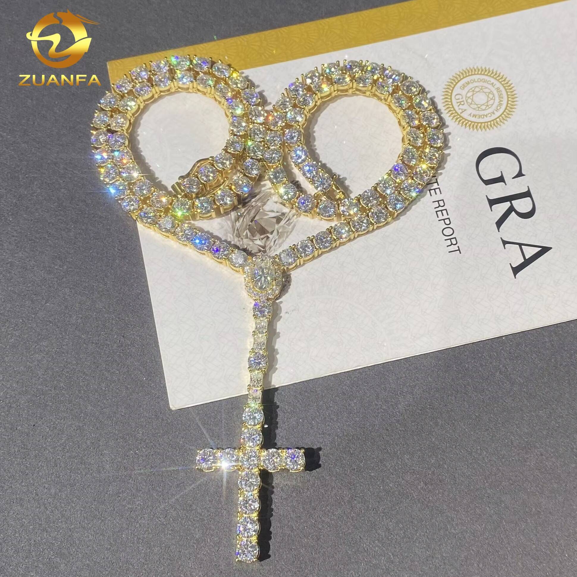 3mm VVS D Moissanite Diamond Fine Hip Hop Jewelry 925 Silver Iced Out Oval Cut Diamond Cross Pendant Tennis Chain Necklace