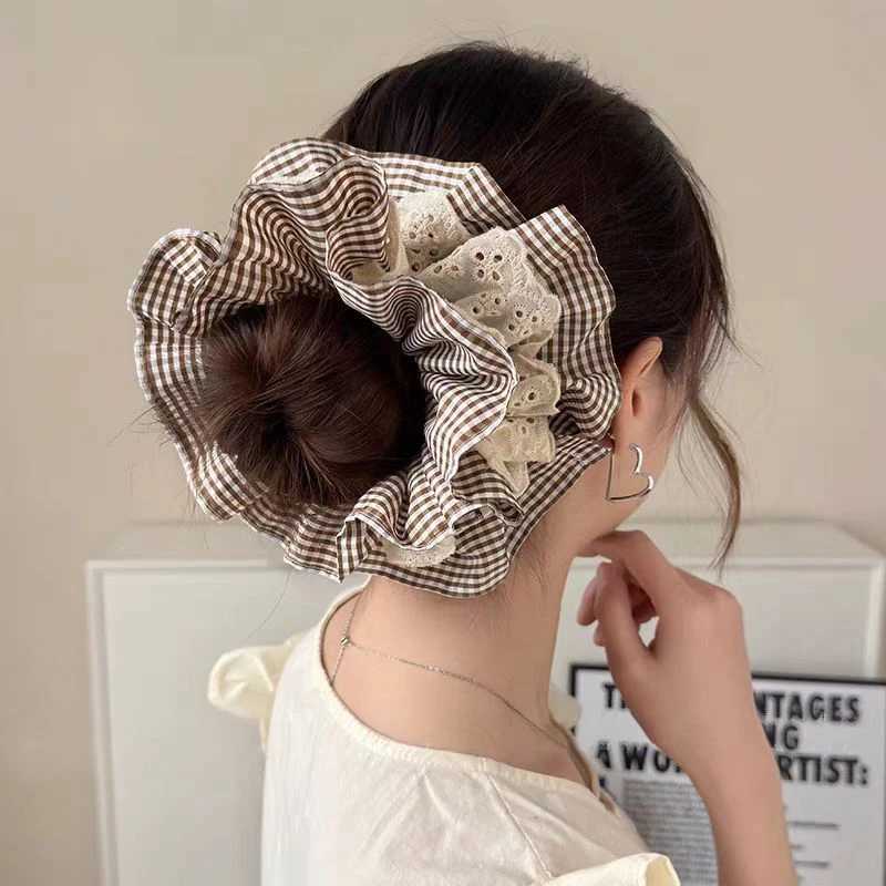 1pc elegant lace double-layer large intestine hair band womens new style wrinkled high-end ponytail hair accessories H260324