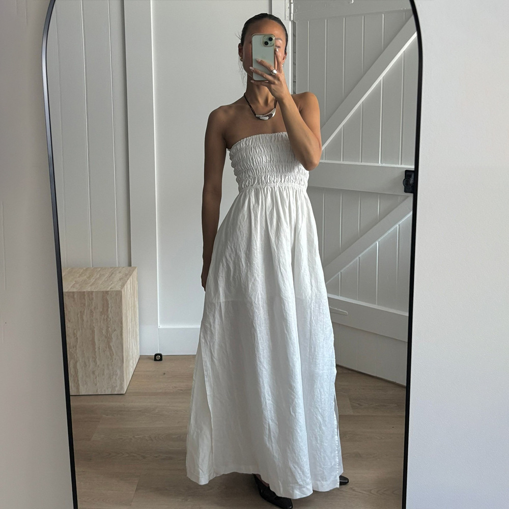 Pure Cotton Strapless Designer Dress Dress European And American 2026 Summer New Holiday Off-shoulder Pleated High-waisted Long Dress