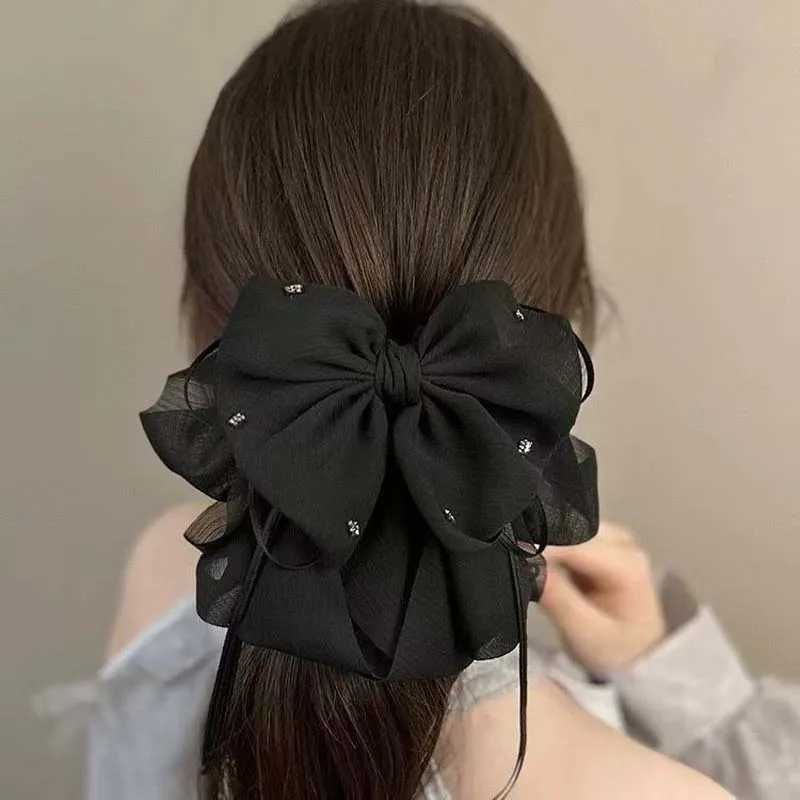 2025 New Fashion White Black Mesh Bowknot Ribbon Hair Claw For Women Elegant Solid Color Ponytail Clip Headwear Hair Accessories H260324