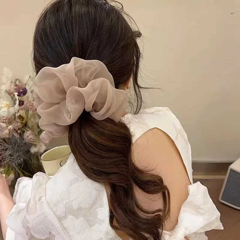 Fashion Organza Big Scrunchies for Women Summer Solid Color Ponytail Holder Elastic Hair Bands Headwear Choucou Cheveux Femme H260324